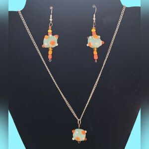 Unique Glass Beadwork Earrings and Necklace. Blue, Orange, and White J1-23